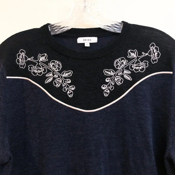 Reiss Navy Linen Blend Floral Embroidered Short Sleeve Designer Knit Top Small - Picture 5 of 9